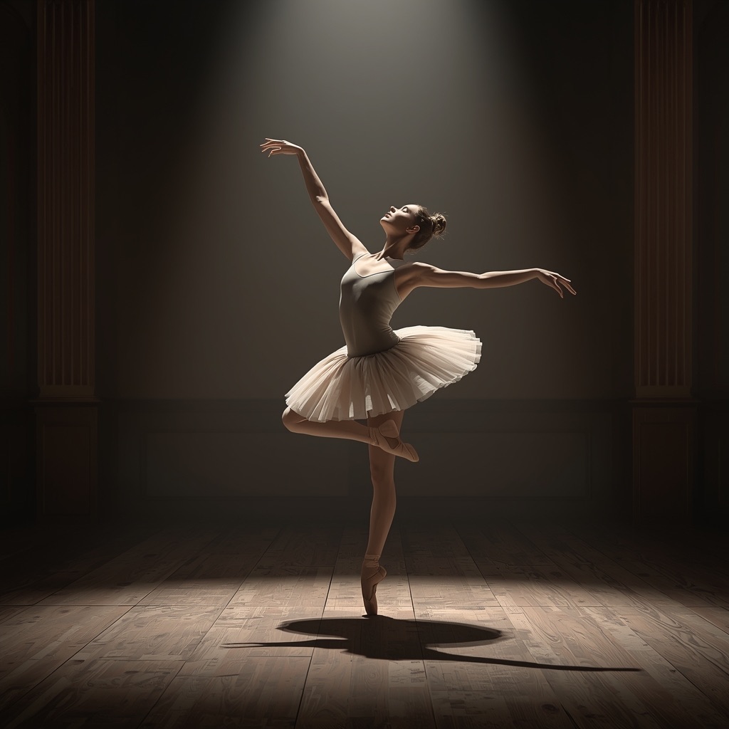 A ballerina on pointe in a spotlight